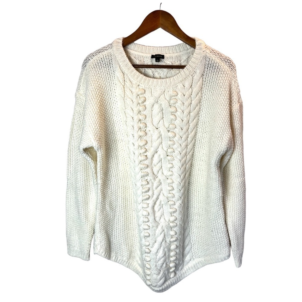 Talbots cream wool pom pom cable knit crew neck mixed knit round hem sweater L